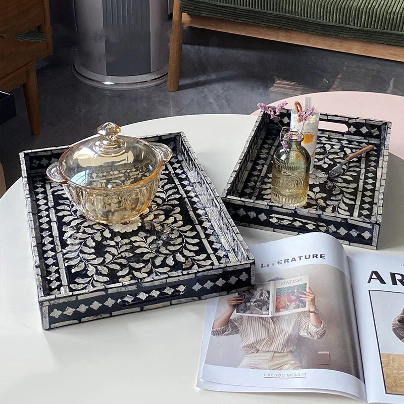 Ahunderjiaz-Bandeja Retro Shell Quadrado, Sala De Jantar E Sala De Estar, Decorações De Mesa, Armazenamento De Luxo Preto Leve, Bandeja De Frutas, Casa D