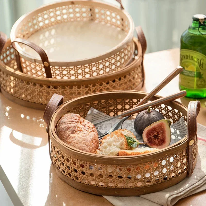 Nordic retro artesanal armazenamento rattan bandeja de couro alça frutas pão diversos desktop decoração da família cesta redonda pequena