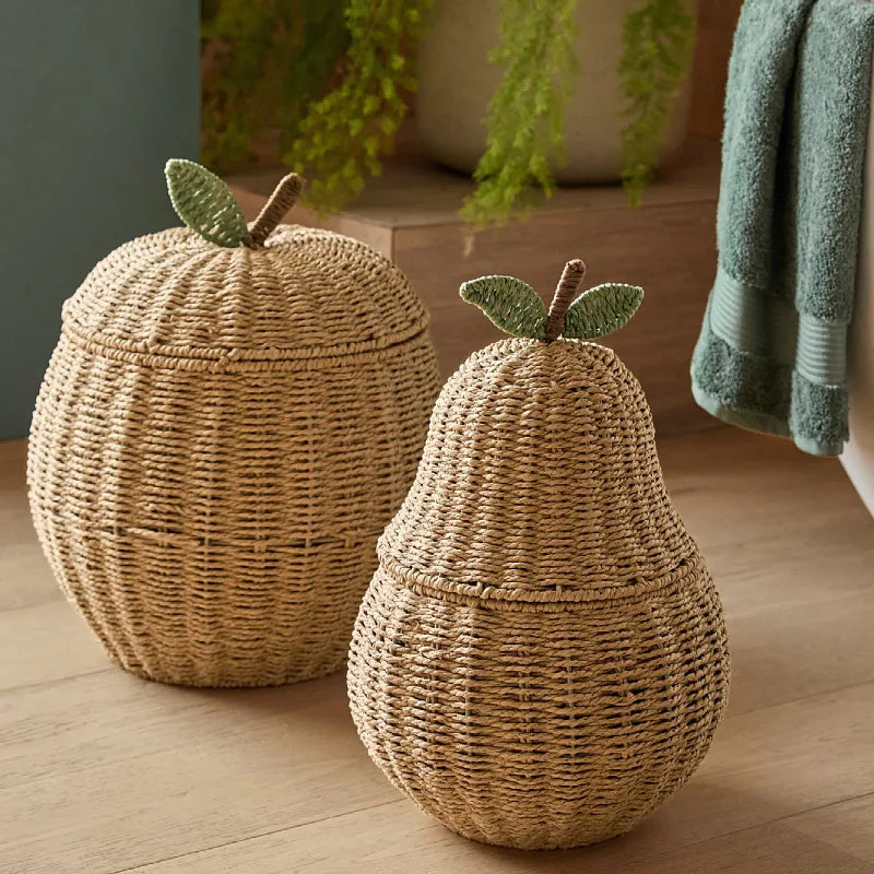 Boho artesanal tecido à mão rattan natural em forma de pêra cesta de armazenamento organizador bandeja de mesa decoração para casa padrão de frutas eco-amigável