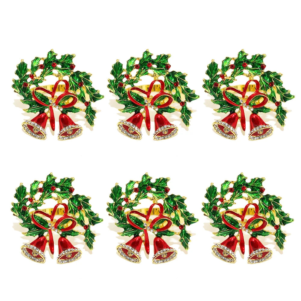 6 pçs anéis de guardanapo de natal árvore de natal floco de neve veados quebra-nozes guardanapo titular fivela de guardanapo de ouro para festa de natal decoração de mesa