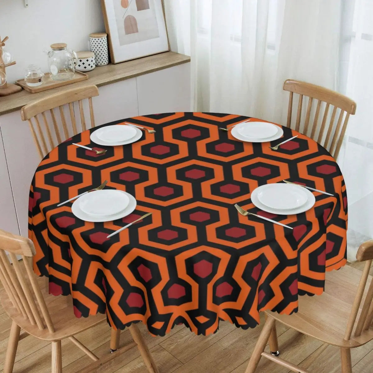 Orange Wave Gradient Retro Pattern Round Tablecloths 60 Inch Abstract Geometric Table Covers for Kitchen Table Cloth