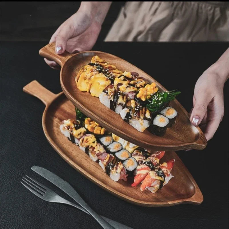 Bandeja estética alta em forma de folha de madeira bandeja de chá da tarde bandeja de sushi ocidental sobremesa bandeja de refeição de frutas bandeja de alimentos de madeira à prova dwaterproof água
