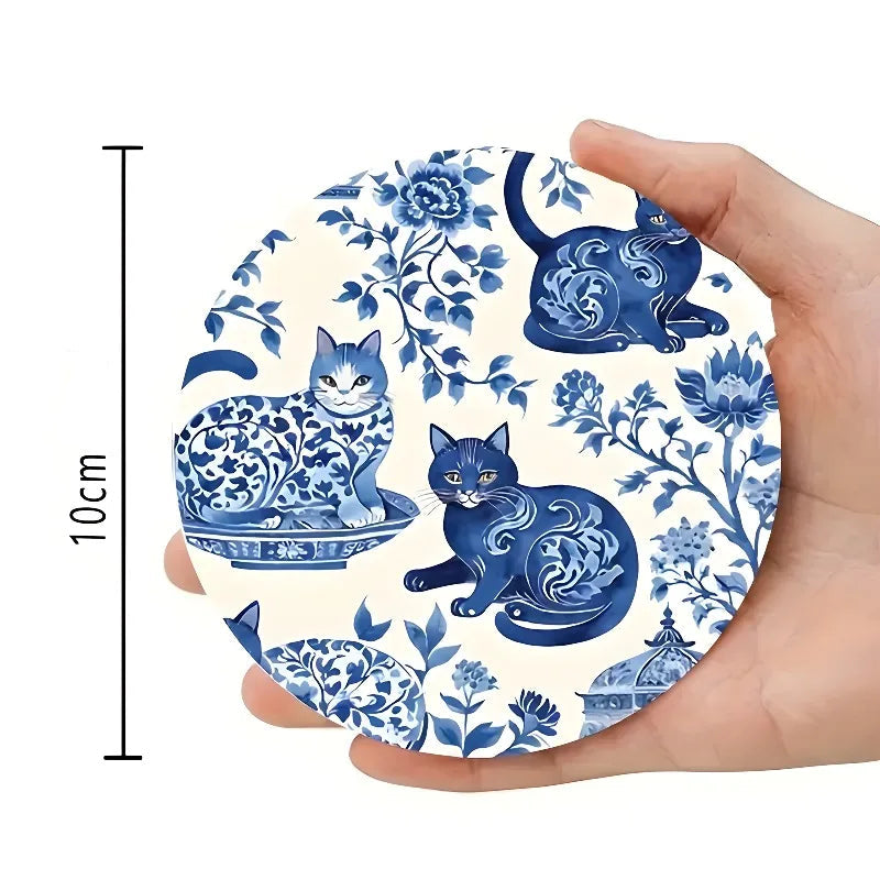 Conjunto de 6 porta-copos - Base de madeira de gato de cerâmica com ilustração felina floral, perfeita para mesa de centro, cozinha, decoração de sala de estar