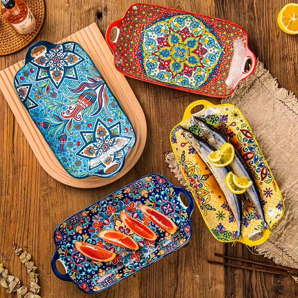 Prato de peixe de cerâmica estilo boêmio com alça: bandeja retangular de mesa de jantar de 12,8 polegadas, adequado para micro-ondas e forno, 1 peça