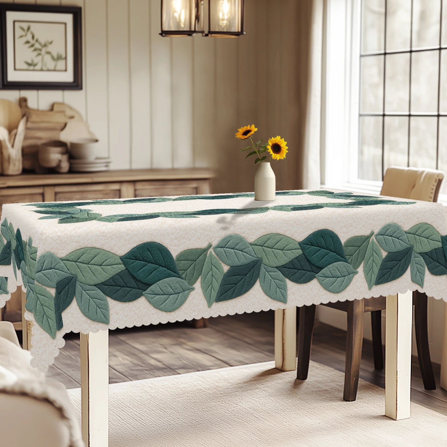 Toalha de mesa com tema de folhas verdes, padrão de impressão de folhas 3D, estilo simples, bordas em relevo, à prova d'água, resistente ao desbotamento, adequada para mesas de jantar retangulares e redondas, decoração de mesa de jantar P-95