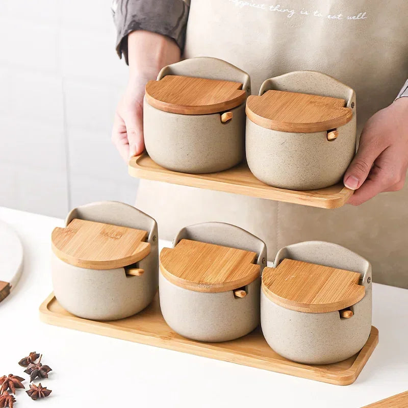 Jarra de tempero de cerâmica estilo japonês, tampa de bambu, jarra de especiarias com colher, cozinha, açúcar, sal, especiarias, caixa de armazenamento, recipiente doméstico