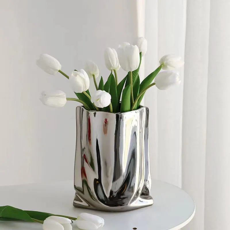 Prata ruffled flor vaso de cerâmica porcelana arranjo flor decoração saco forma terrário vasos decoração para casa