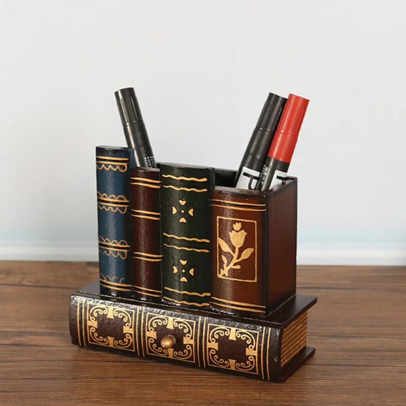 Suporte de caneta de madeira, suporte de caneta, armazenamento de papelaria, recipiente retrô, pote de escova, mesa de escritório, copo de lápis ganizer