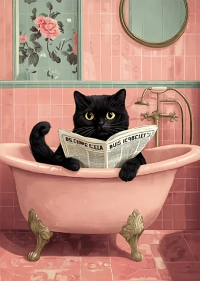 Caprichoso gato preto leitura jornal cartaz imprime banheiro vintage rosa maximalista decoração engraçado toalete pintura em tela arte da parede